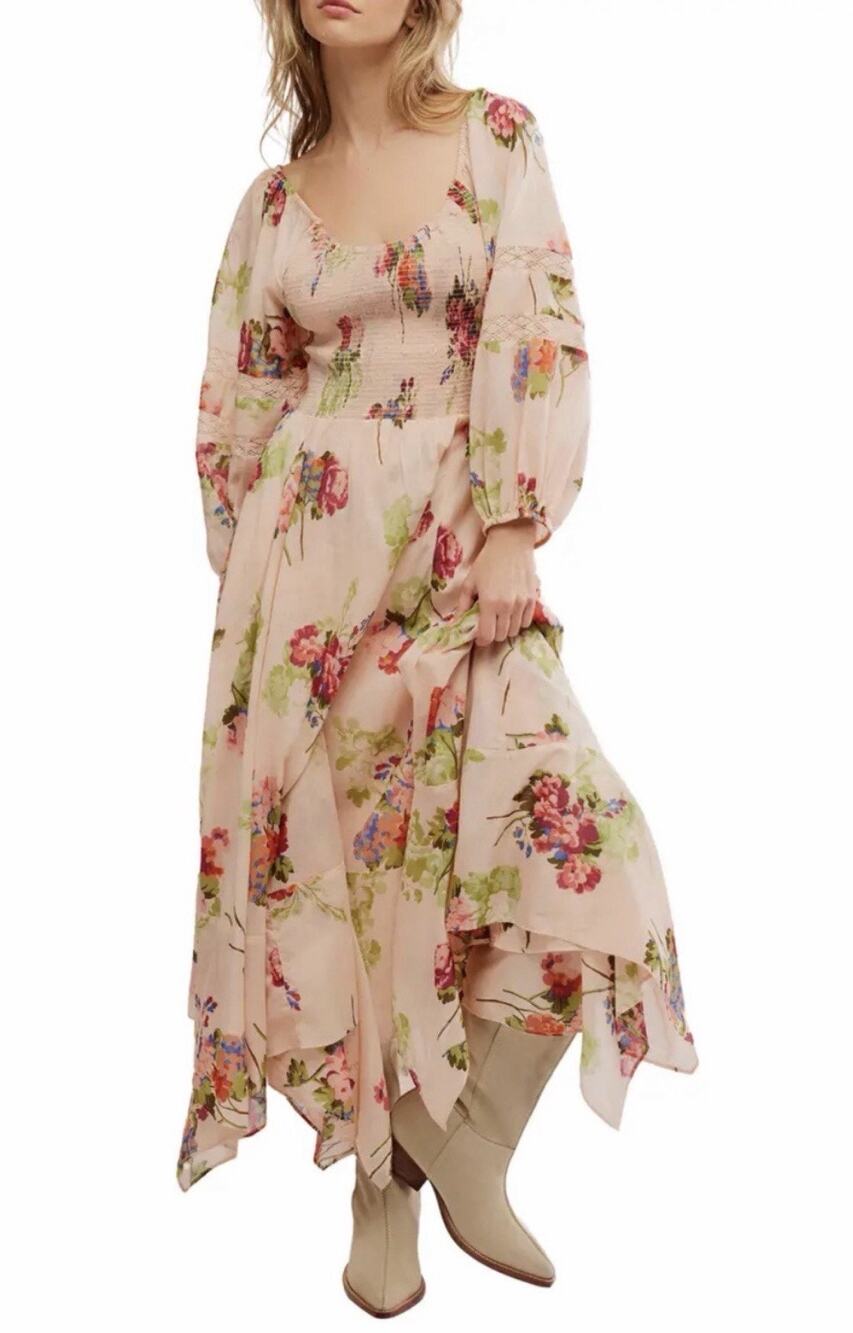 Free People Morning Glory Floral Smocked Indie Boho Maxi Dress Handkerchief Sz S